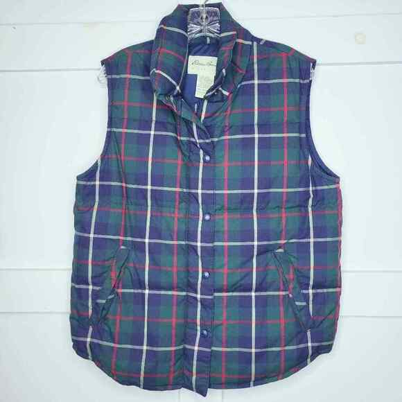 Eddie Bauer Goose Down Vest Women's Classic Plaid Small Blue Puffer - Picture 1 of 6